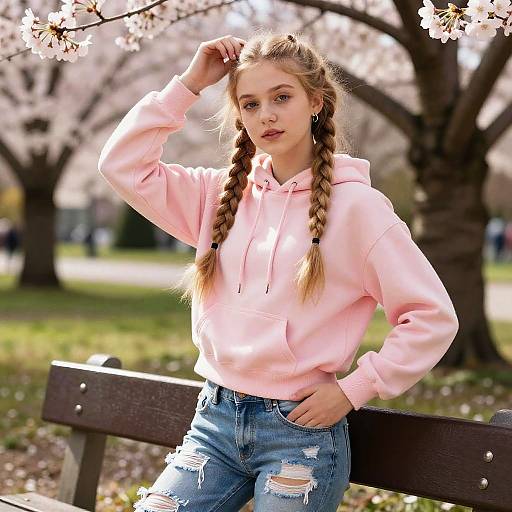 Teen Girl with Blonde Braids in Park