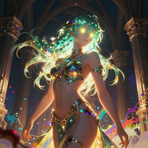 Digital fantasy art of a glowing, long-haired woman in a shimmering, jewel-encrusted bikini, illuminated by colorful lights, in a grand