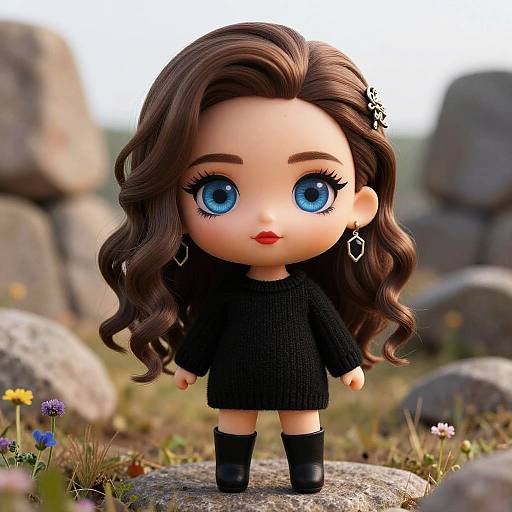 Photograph of a chibi-style doll with large blue eyes, wavy brown hair, black sweater, black boots, and silver earrings, standing on