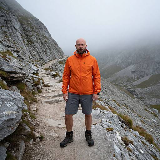 Bald, bearded man in bright orange jacket and gray shorts stands on rocky mountain path, misty background. Photograph.