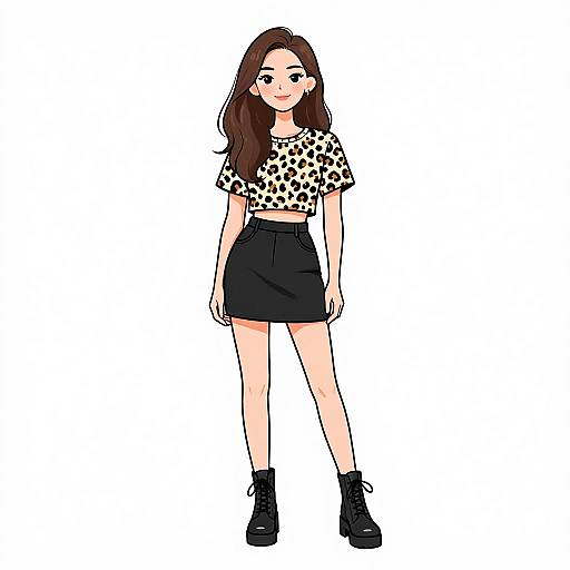 Digital drawing of a young woman with long brown hair, wearing a black and white polka dot crop top, high-waisted black skirt, and