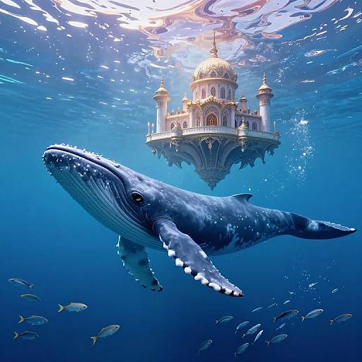 Digital art: Majestic blue whale swims beneath a floating, ornate temple with golden domes, surrounded by schools of small fish in a vibrant,