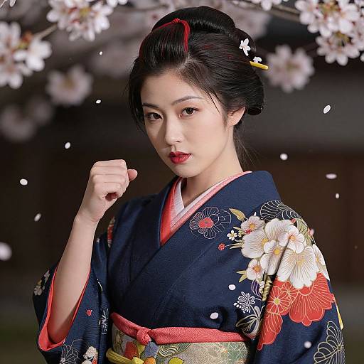 Photograph of an Asian woman with fair skin, black hair in an updo, wearing a navy floral kimono, red obi, and red