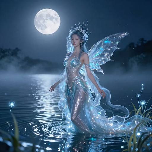 Digital art of a glowing, ethereal mermaid with translucent wings, standing in a moonlit, reflective lake, surrounded by sparkling water and fog.