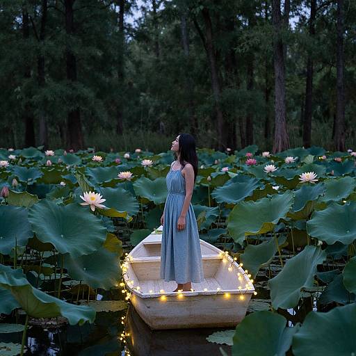 Photograph of a woman in a blue dress standing in a glowing wooden boat on a lotus-filled pond at dusk.