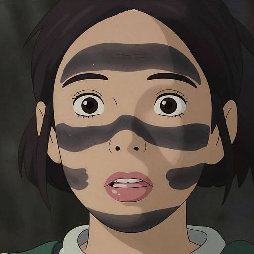 Anime-style drawing of a surprised young woman with black face paint in zebra-like patterns, short black hair, large eyes, pink lips, and a