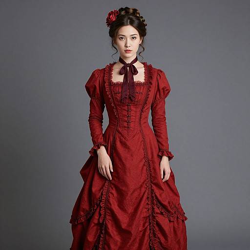 Photograph of a pale-skinned woman with dark hair, wearing an elaborate Victorian-style red dress with lace trim, a red ribbon bow, and a
