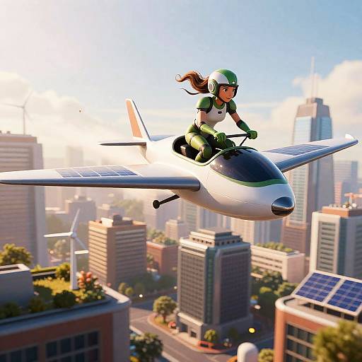 Solar-Powered Eco-Heroine Flying Over City