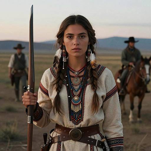 Native American Female Warrior with Spear in Wild West Landscape