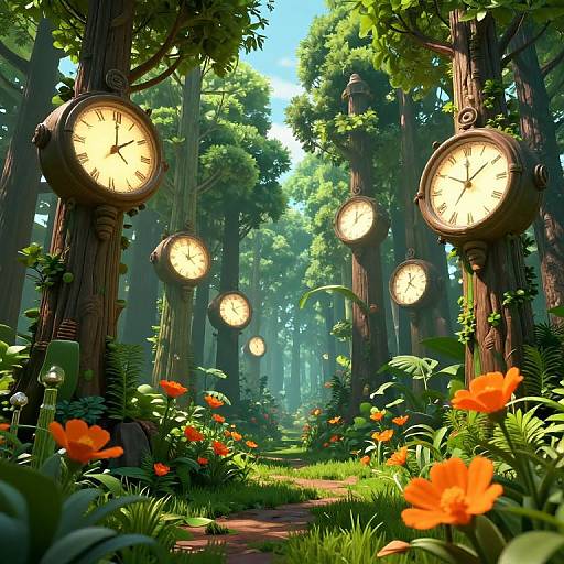 Fantasy forest scene with glowing, vintage-style clocks hanging from tall trees, surrounded by vibrant orange flowers and lush greenery. Sunlight filters through dense