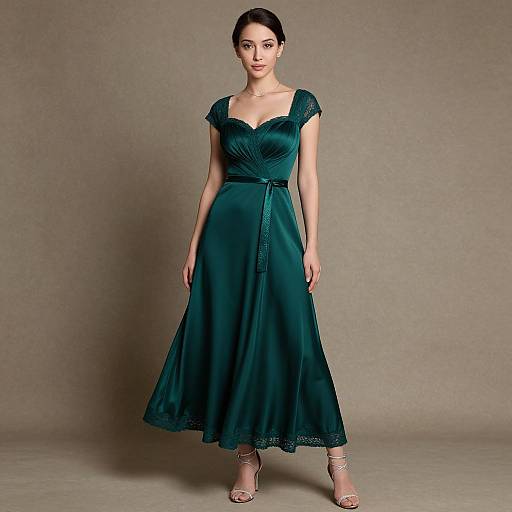 Photograph of a slender woman with fair skin and dark hair in a green, sleeveless, knee-length satin dress and silver sandals, standing against a