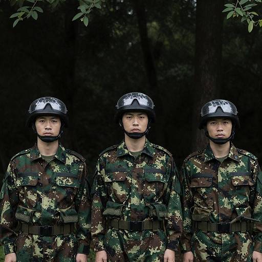 Soldiers in Camouflage in Dark Forest