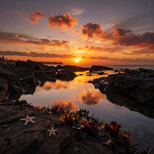 Fiery Sunset Over Rocky Tidepool Coastline