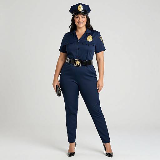 Photograph of a smiling Latina woman in a navy blue police uniform with badge, short sleeves, black belt, and black heels, standing against a plain