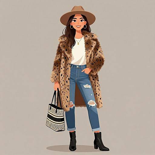 Digital illustration of a smiling woman with long dark hair, wearing a brown hat, white top, fur coat, ripped jeans, and black boots, holding