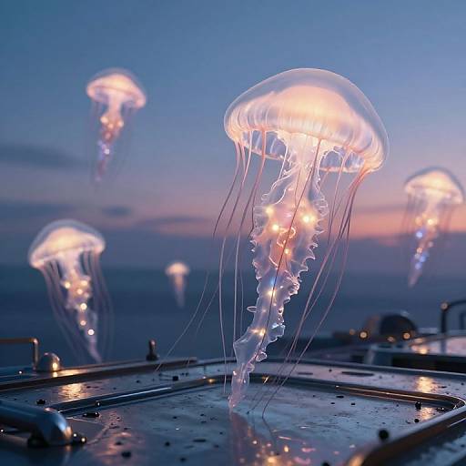 Photograph of glowing jellyfish with translucent, bioluminescent bodies floating above a ship deck at dusk, against a twilight blue sky.