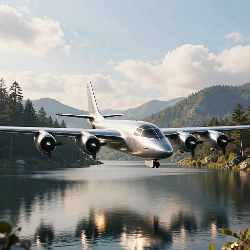 Futuristic Silver Aircraft Over Lake