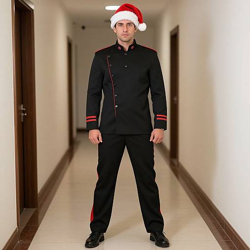Photograph of a serious man in black military-style uniform with red accents, wearing a Santa hat, standing in a long, white-tiled hallway.