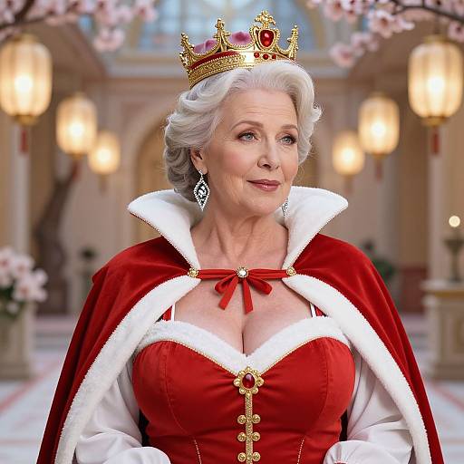 Elderly woman with white hair, wearing a gold crown, red velvet cape with white fur trim, and revealing red dress, standing in a grand