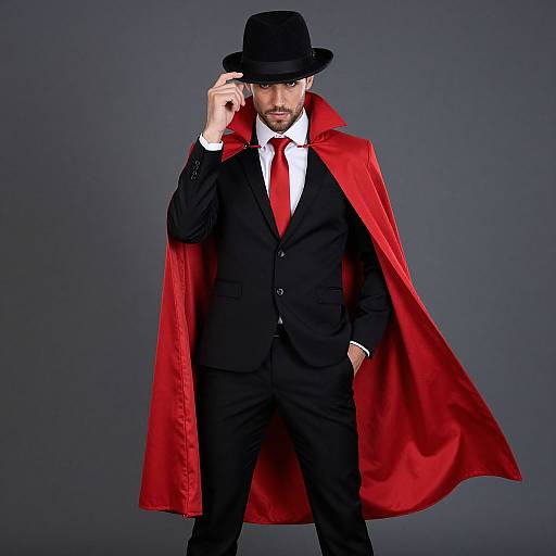 Photograph of a suave man in a black suit, white shirt, red tie, and red cape, topped with a black hat, standing against