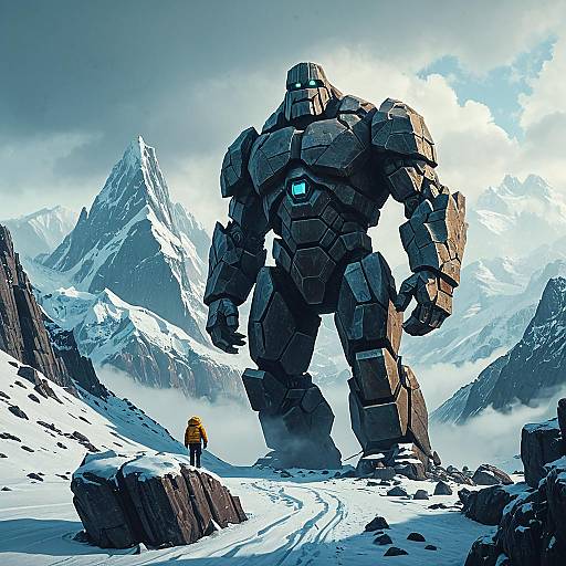 Giant Stone Golem in Snowy Mountain Landscape