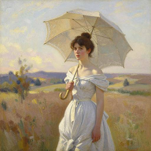Impressionist painting of a fair-skinned woman with dark hair in a white off-shoulder dress holding a translucent umbrella in a sunlit field