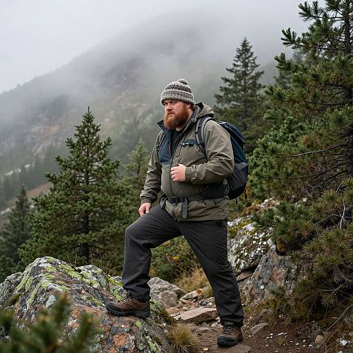 Photograph of a bearded man in a gray jacket and black pants, wearing a patterned knit hat, hiking in a misty, rocky mountain