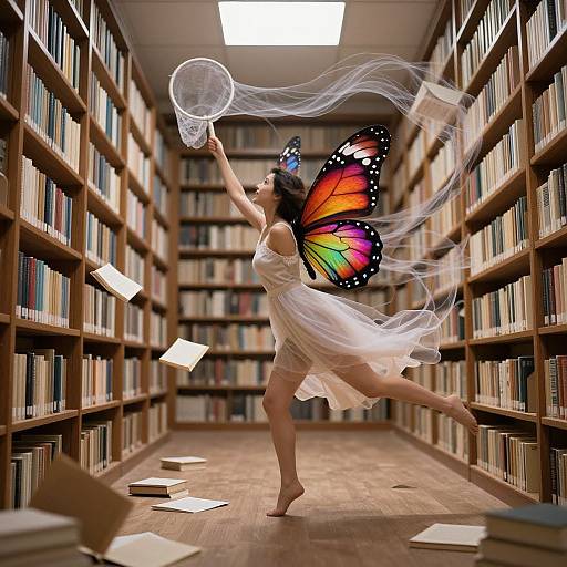 Photograph of a fairy-like woman in a white dress with colorful butterfly wings, dancing in a library, catching a floating book with a net, surrounded