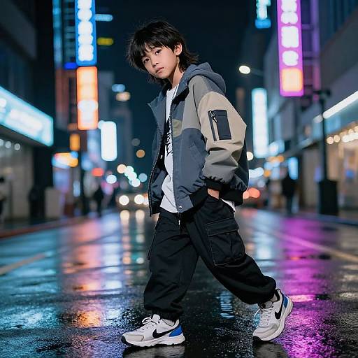 Photograph of a young Asian man with black hair, wearing a gray hoodie, black pants, white Nike sneakers, walking on a neon-lit,