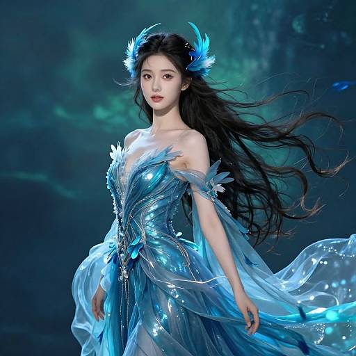Digital artwork of an ethereal Asian woman with long black hair, wearing a shimmering blue, star-embellished, off-the-shoulder