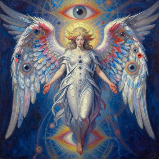 Digital painting of a celestial angel with white wings adorned with eyes, golden halo, floating against a blue, eye-patterned background.