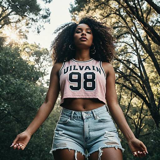 Confident Woman in Varsity Crop Top and Denim Shorts Outdoors