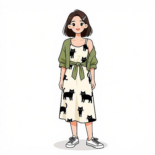 Digital illustration of a smiling woman with short brown hair, wearing a white dress with black dog prints, green cardigan, and white sneakers, standing against