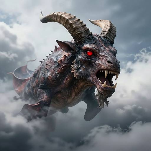 CGI image of a fierce, demonic black goat with glowing red eyes, large curved horns, and sharp teeth, flying through a cloudy sky.