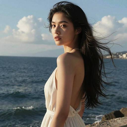 Photograph of an Asian woman with long black hair in a white, backless dress, standing by the ocean under a bright, cloudy sky.