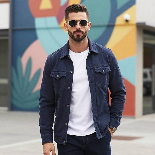 Photograph of a bearded man with short brown hair, wearing sunglasses, a white t-shirt, dark denim shirt, and black pants, standing outdoors