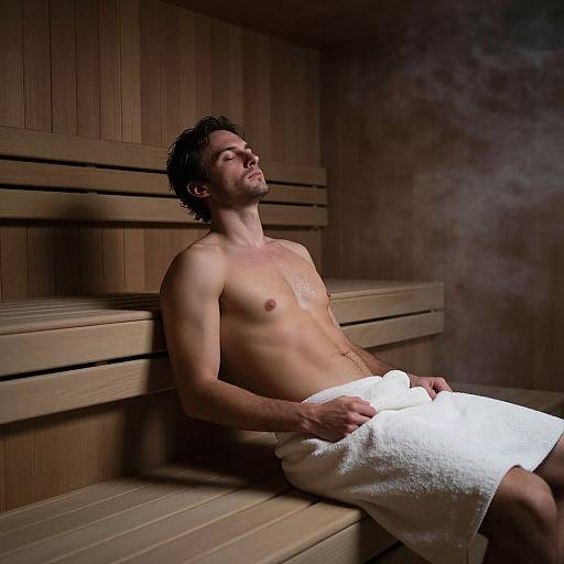 Photograph of a muscular, shirtless man with wet hair, eyes closed, relaxed in a wooden sauna, wrapped in a white towel.