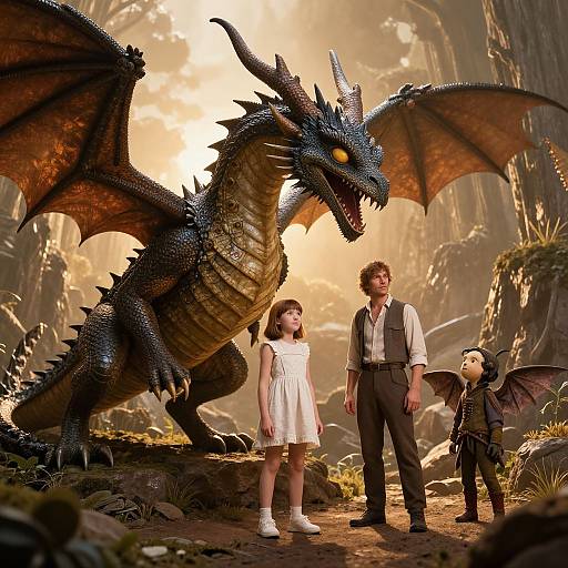 Photorealistic CGI: Family of three stands in sunlit, enchanted forest beside a large, blue-scaled dragon with orange wings. Girl in white