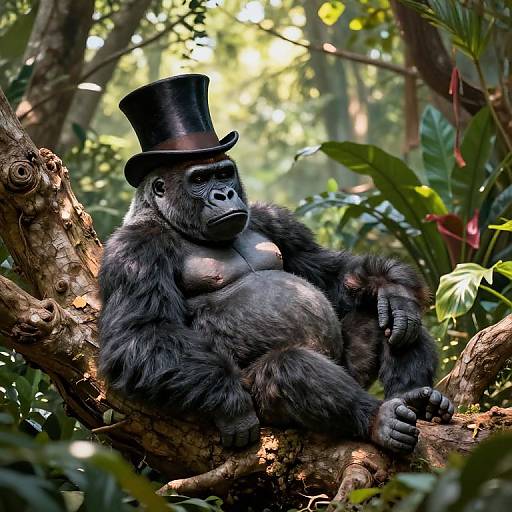 Photograph of a large, muscular gorilla with dark fur, sitting on a tree branch in a lush forest, wearing a black top hat, looking