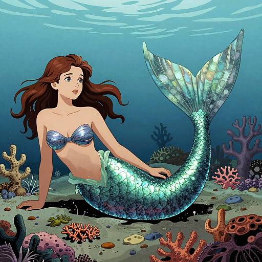 Digital illustration of a beautiful mermaid with long brown hair, blue striped seashell top, and iridescent green and blue scales, sitting on