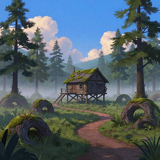 Misty Swamp Dawn Stilt House