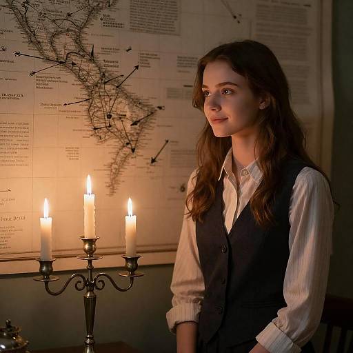 Young Woman in Striped Shirt, Candlelit Map
