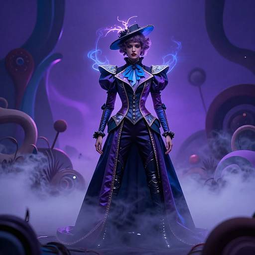 Digital art of a gothic, purple-lit woman in a elaborate black Victorian dress with blue accents and glowing hat, standing amid mist and whimsical