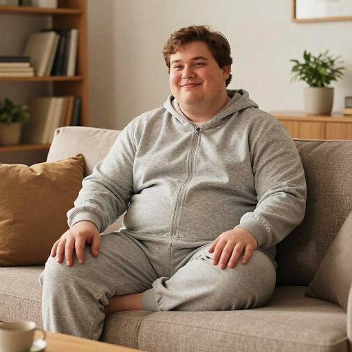 Photograph of a smiling, overweight man with short brown hair, wearing a grey zip-up hoodie and matching sweatpants, sitting on a beige sofa in