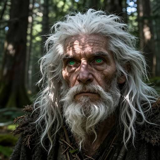 Photograph of a rugged, white-haired, bearded man with piercing green eyes, standing in a sunlit forest, wearing a dark, tattered