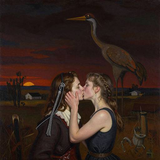 Photorealistic painting: Two women kiss passionately in a dark, rural sunset, with a tall crane watching above and farm tools nearby.