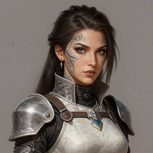 Intricately Tattooed Woman in Armor