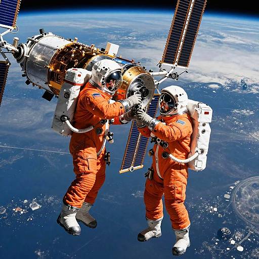 Astronauts in Orange Suits Repairing Satellite