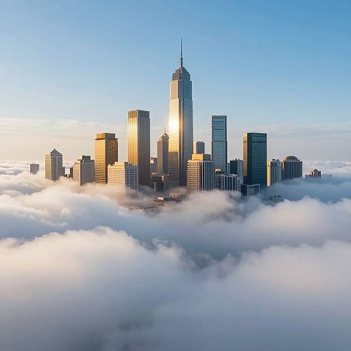 Photograph of a city skyline at sunrise, featuring tall skyscrapers bathed in golden light, surrounded by fluffy clouds below.