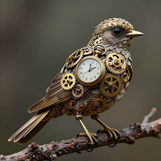 Photograph of a small bird with gold and black gears, clock, and cogs on its body, perched on a branch.